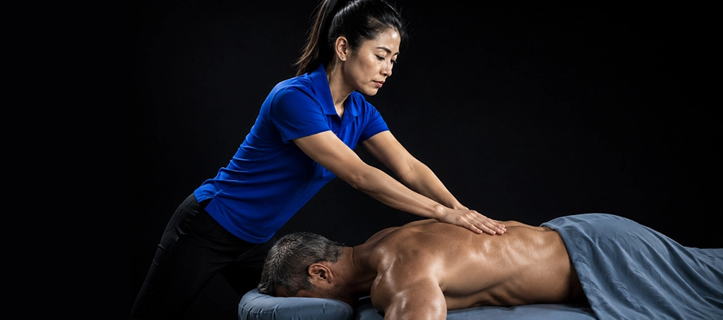 Licensed massage therapist applying targeted pressure to a client's mid-back during a medical massage at Elite Healers Sports Massage, 120 East 56th Street, Suite 420, New York, NY 10022, for back pain and injury recovery.